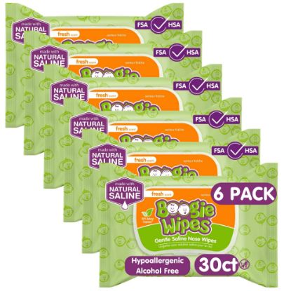 Picture of Saline Nose Wipes by Boogie, for Baby & Kids, Face, Hand & Body, FSA/HSA Eligible, Made with Vitamin E, Aloe, and Natural Saline, Fresh Scent, 30 Count (Pack of 6)