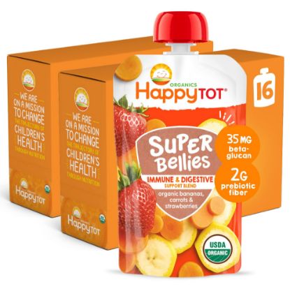 Picture of Happy Tot Organics Stage 4 Baby Food Pouches, Gluten Free, Vegan Snack, Super Bellies, Fruit & Veggie Puree, Banana, Carrot & Strawberry 4 Ounce (Pack of 16)