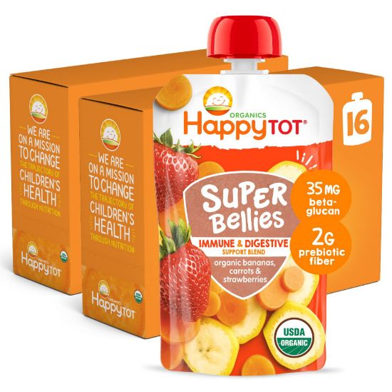 Picture of Happy Tot Organics Stage 4 Baby Food Pouches, Gluten Free, Vegan Snack, Super Bellies, Fruit & Veggie Puree, Banana, Carrot & Strawberry 4 Ounce (Pack of 16)