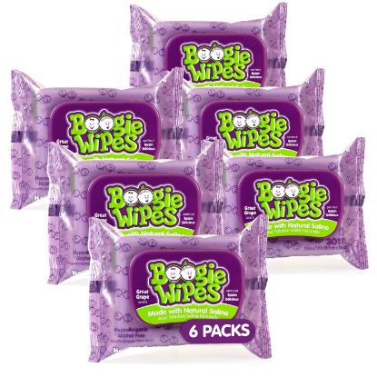 Picture of Saline Nose Wipes by Boogie, for Baby & Kids, Face, Hand & Body, FSA/HSA Eligible, Made with Vitamin E, Aloe, and Natural Saline, Grape Scent, 30 Count (Pack of 6)