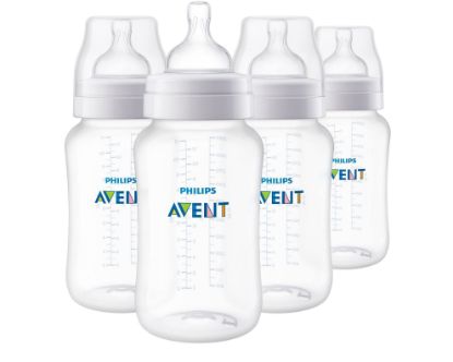 Picture of Philips Avent Anti-Colic Baby Bottles, 11oz, with Flow 3 Nipples, 3m+, 4pk, Clear, SCY106/04