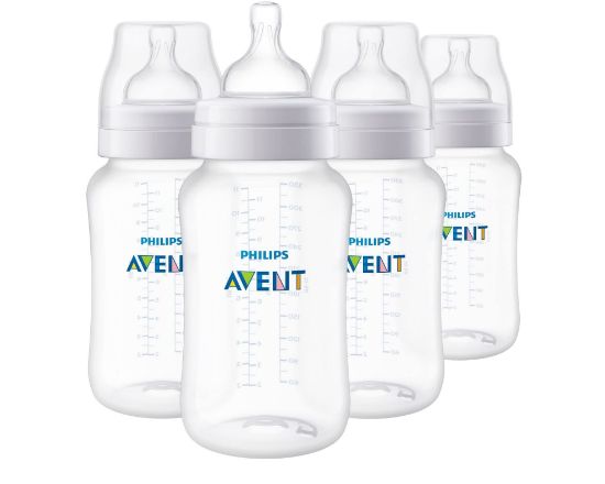 Picture of Philips Avent Anti-Colic Baby Bottles, 11oz, with Flow 3 Nipples, 3m+, 4pk, Clear, SCY106/04