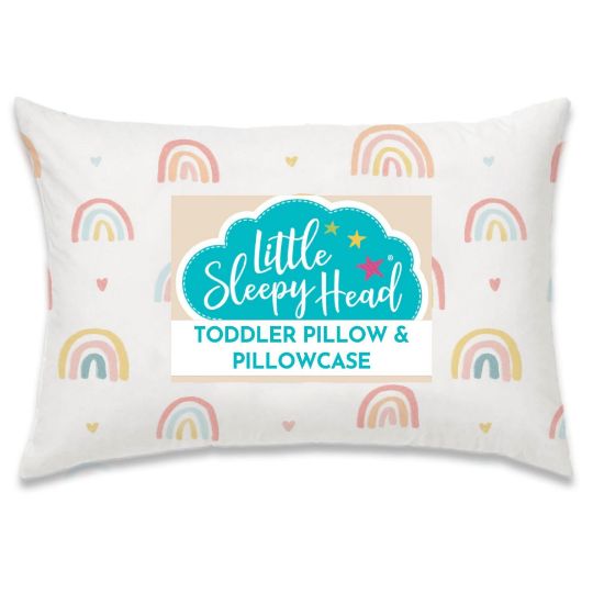 Picture of Little Sleepy Head Toddler Pillow with Pillowcase 13x18 - Kids Pillow for Sleeping - Toddler Pillow - Better Neck Support Ergonomic Pillow and Toddler Pillowcase - Best Pillows for Kids (Rainbows)