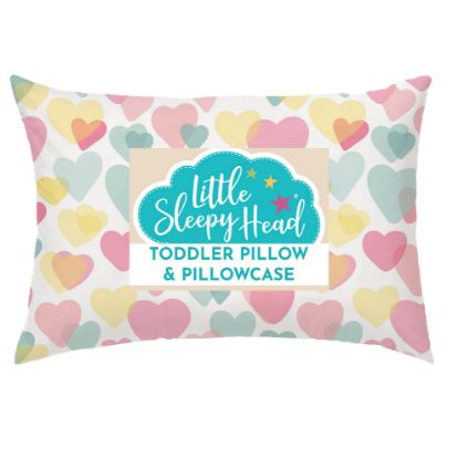 Picture of Little Sleepy Head Toddler Pillow with Pillowcase 13x18 - Kids Pillow for Sleeping - Toddler Pillow - Better Neck Support Ergonomic Pillow and Toddler Pillowcase - Best Pillows for Kids (Hearts)