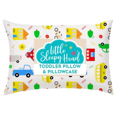 Picture of Toddler Pillow with Pillowcase 13x18 - Kids Pillow for Sleeping - Toddler Pillow - Better Neck Support Ergonomic Pillow and Toddler Pillowcase - Best Pillows for Kids (Trucks 'N Cars)