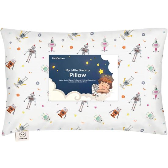 Picture of Toddler Pillow with Pillowcase - 13x18 My Little Dreamy Kids Travel Bed Pillows for Sleeping, Organic Cotton Small Pillowcase, Soft & Breathable, Machine Washable, Toddlers 2-5 Years Old (Robo Pals)