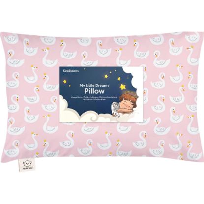 Picture of Toddler Pillow with Pillowcase - 13x18 My Little Dreamy Kids Travel Bed Pillows for Sleeping, Organic Cotton Small Pillowcase, Soft & Breathable, Machine Washable, Toddlers 2-5 Years Old (Swan Lake)