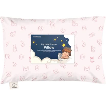 Picture of Toddler Pillow with Pillowcase - 13x18 My Little Dreamy Kids Travel Bed Pillows for Sleeping, Organic Cotton Small Pillowcase, Soft & Breathable, Machine Washable, Toddlers 2-5 (ABC Land Rose)