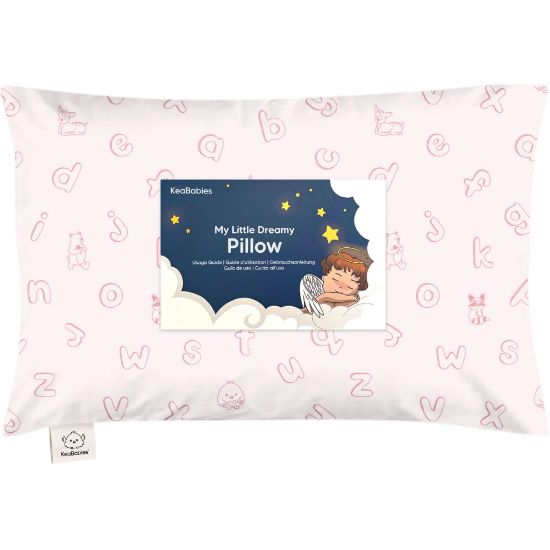 Picture of Toddler Pillow with Pillowcase - 13x18 My Little Dreamy Kids Travel Bed Pillows for Sleeping, Organic Cotton Small Pillowcase, Soft & Breathable, Machine Washable, Toddlers 2-5 (ABC Land Rose)