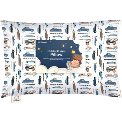 Picture of Toddler Pillow with Pillowcase - 13x18 My Little Dreamy Kids Travel Bed Pillows for Sleeping, Organic Cotton Small Pillowcase, Soft & Breathable, Machine Washable, Toddlers 2-5 Years Old (Vroom)