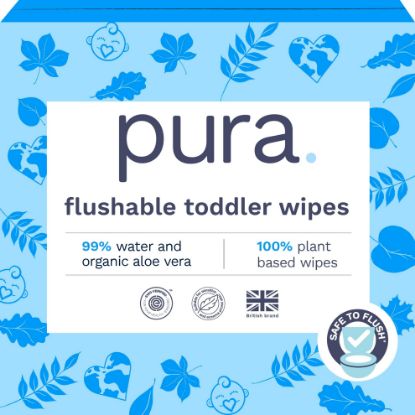 Picture of Pura Flushable Toddler Wipes 10 x 60 Wipes (600 Wipes), 100% Plastic Free, 99% Water, Hypoallergenic & Fragrance Free, Totally Chlorine Free, Kids Toilet Wipes, Sensitive Skin