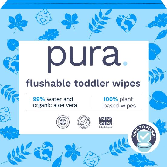 Picture of Pura Flushable Toddler Wipes 10 x 60 Wipes (600 Wipes), 100% Plastic Free, 99% Water, Hypoallergenic & Fragrance Free, Totally Chlorine Free, Kids Toilet Wipes, Sensitive Skin