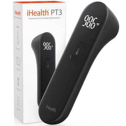 Picture of iHealth No-Touch Digital Forehead Thermometer for Adults, Babies, Kids - FSA HSA Eligible, 3 Ultra-Sensitive Sensors, Quiet Vibration Feedback, Large LED Digits, Easy to Use for Home, PT3 Black