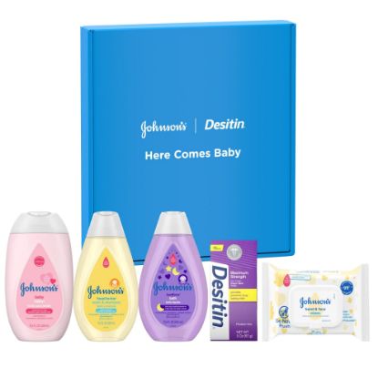 Picture of Johnson's Baby Here Comes Baby Gift Set, Baby Essentials for New Parents with Moisturizing Lotion, Bedtime Bath, Body Wash & Shampoo, Hand & Face Wipes, & Diaper Rash Cream, 5 Items