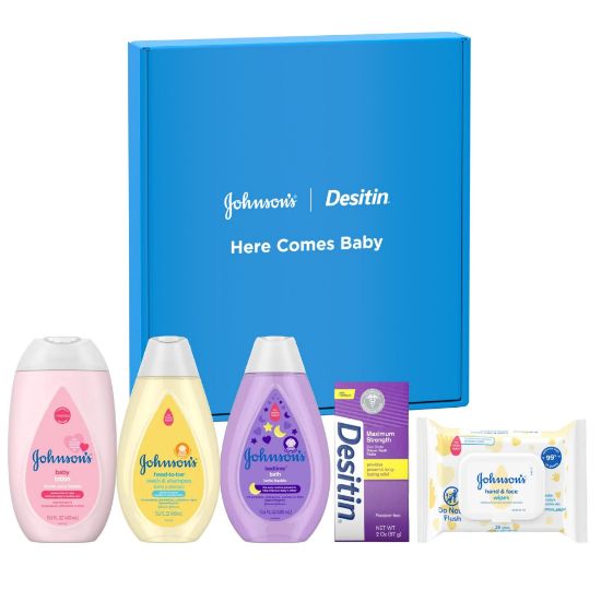 Picture of Johnson's Baby Here Comes Baby Gift Set, Baby Essentials for New Parents with Moisturizing Lotion, Bedtime Bath, Body Wash & Shampoo, Hand & Face Wipes, & Diaper Rash Cream, 5 Items