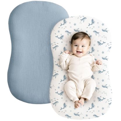 Picture of Konssy Muslin Baby Lounger Cover 2 Pack, 100% Cotton Newborn Lounger Cover, Soft and Breathable Lounger Cover for Boys Girls, Covers Only (Blue Whale,Blue)