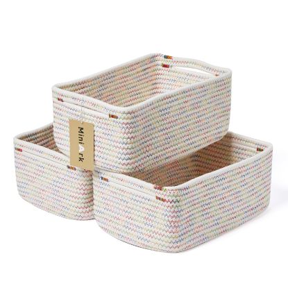Picture of MiniArk Small Storage Baskets for Organizing | Closet Organizer Bins | Shelf Toy Basket | Woven Rope Baskets | Cube Decorative Box | Shallow Basket | 13x8.5x5.1” | 3 Packs Rainbow