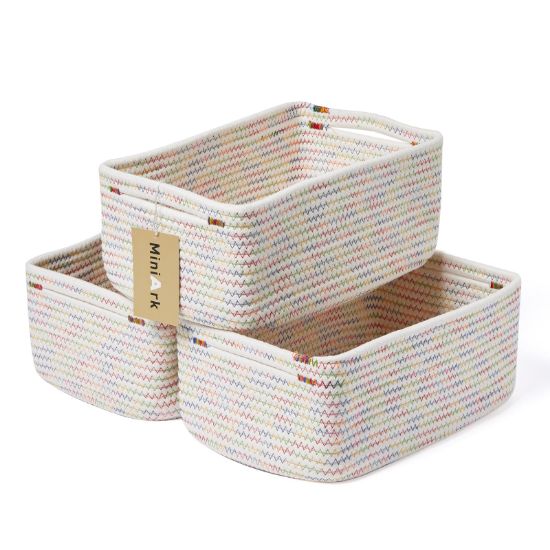 Picture of MiniArk Small Storage Baskets for Organizing | Closet Organizer Bins | Shelf Toy Basket | Woven Rope Baskets | Cube Decorative Box | Shallow Basket | 13x8.5x5.1” | 3 Packs Rainbow