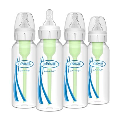 Picture of Dr. Brown's Natural Flow Anti-Colic Options+ Narrow Baby Bottle, 8 oz/250 mL, with Level 1 Slow Flow Nipples, 0m+, 4 Pack