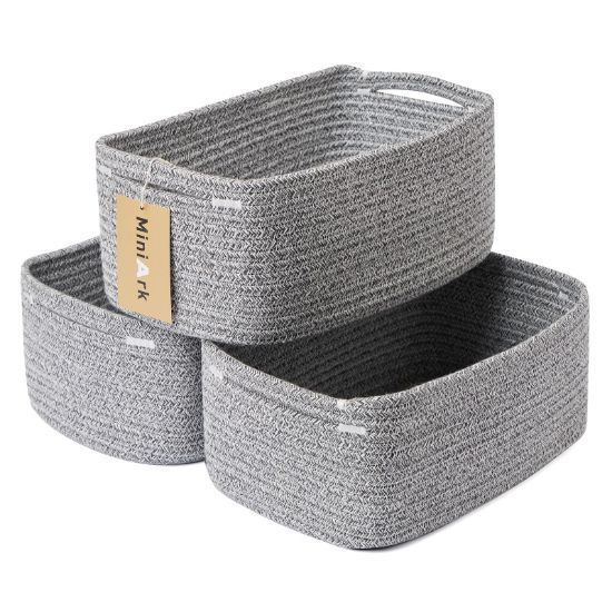 Picture of MiniArk Shelf Storage Baskets for Organizing | Closet Organizer Bins | Small Toy Basket | Woven Rope Baskets | Cube Decorative Box | Shallow Basket | 13x8.5x5.1” | 3 Packs Mixed Grey