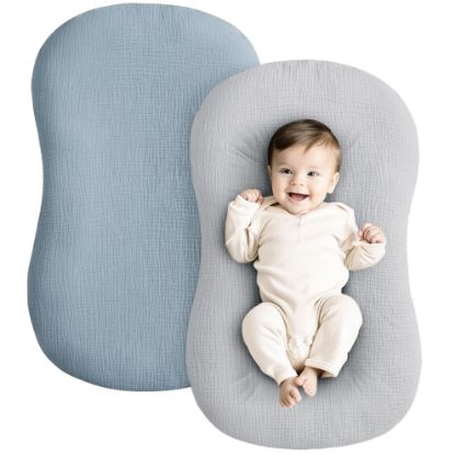 Picture of Konssy Muslin Baby Lounger Cover 2 Pack, 100% Cotton Newborn Lounger Cover, Soft and Breathable Lounger Cover for Boys Girls, Covers Only (Blue,Grey)