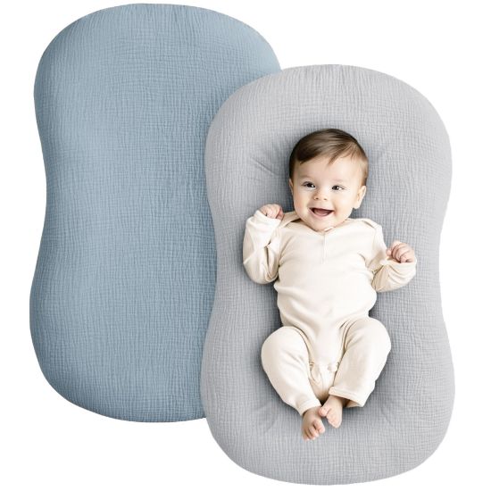 Picture of Konssy Muslin Baby Lounger Cover 2 Pack, 100% Cotton Newborn Lounger Cover, Soft and Breathable Lounger Cover for Boys Girls, Covers Only (Blue,Grey)
