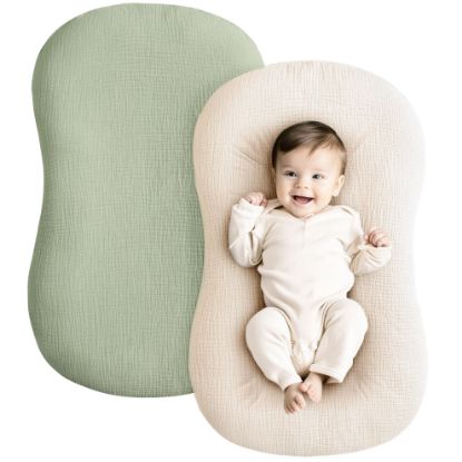 Picture of Konssy Muslin Baby Lounger Cover 2 Pack, 100% Cotton Newborn Lounger Cover, Soft and Breathable Lounger Cover for Boys Girls, Covers Only (Sage,Cream)