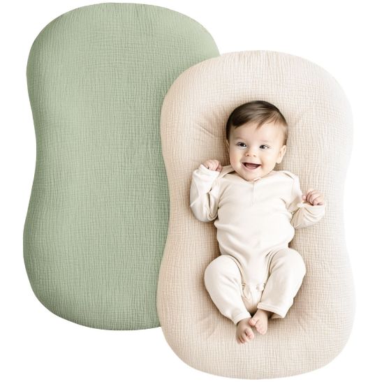 Picture of Konssy Muslin Baby Lounger Cover 2 Pack, 100% Cotton Newborn Lounger Cover, Soft and Breathable Lounger Cover for Boys Girls, Covers Only (Sage,Cream)