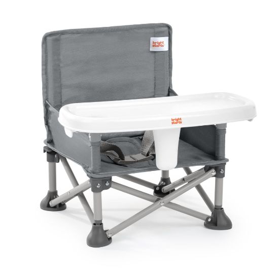 Picture of Bright Starts Pop 'N Sit Portable Booster, Indoor/Outdoor Use, Floor Seat with Feeding Tray, Grey, 6 Mos - 3 Yrs