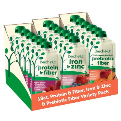 Picture of Beech-Nut Baby & Toddler Food Pouches Variety Pack, Protein & Fiber/Iron & Zinc/Prebiotic Fiber Fruit & Veggie Purees, 3.5 oz (18 Pack)