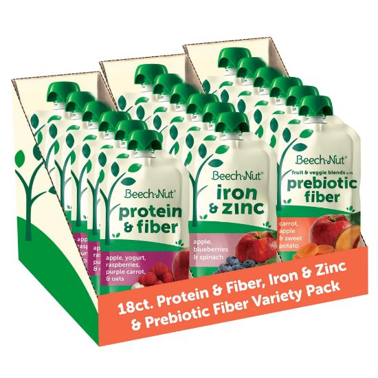 Picture of Beech-Nut Baby & Toddler Food Pouches Variety Pack, Protein & Fiber/Iron & Zinc/Prebiotic Fiber Fruit & Veggie Purees, 3.5 oz (18 Pack)