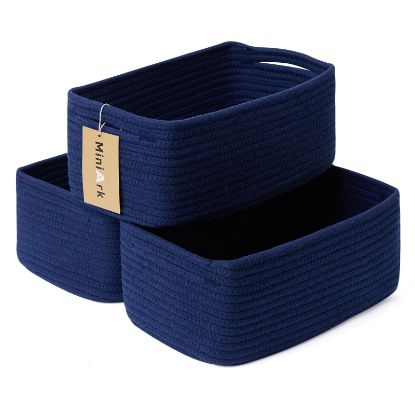 Picture of MiniArk Shelf Storage Baskets for Organizing | Closet Organizer Bins | Small Toy Basket | Woven Rope Baskets | Cube Decorative Box | Shallow Basket | 13x8.5x5.1” | 3 Packs Navy Blue