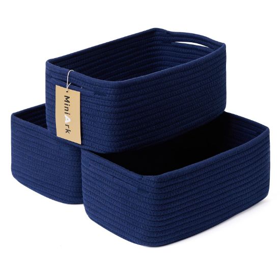 Picture of MiniArk Shelf Storage Baskets for Organizing | Closet Organizer Bins | Small Toy Basket | Woven Rope Baskets | Cube Decorative Box | Shallow Basket | 13x8.5x5.1” | 3 Packs Navy Blue
