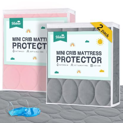 Picture of Mini Crib Mattress Protector Sheets Waterproof 2 Pack, Quilted Pack and Play Mattress Pad Cover Fits for Baby Mini Crib/Playen/Pack and Play Mattress, Grey & Pink, 38"x24"