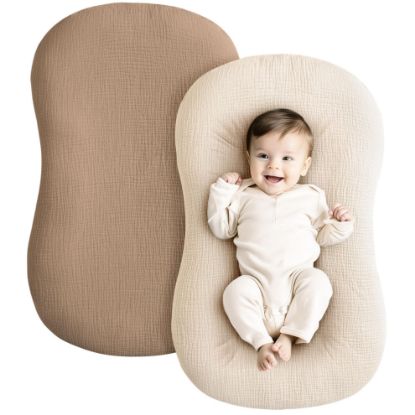 Picture of Konssy Muslin Baby Lounger Cover 2 Pack, 100% Cotton Newborn Lounger Cover, Soft and Breathable Baby Nest Slipcover for Boys Girls (Brown,Wheat)