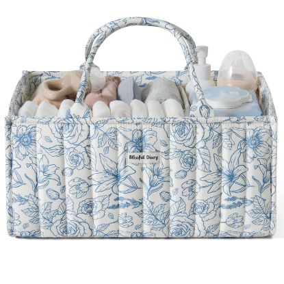Picture of Blissful Diary Floral Diaper Caddy Organizer, Stylish Nursery Storage Basket, Gift for Baby Shower, Baby Registry Must Have, Newborn Essentials, Blue Floral