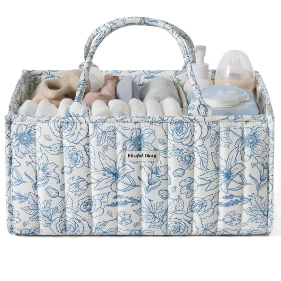 Picture of Blissful Diary Floral Diaper Caddy Organizer, Stylish Nursery Storage Basket, Gift for Baby Shower, Baby Registry Must Have, Newborn Essentials, Blue Floral