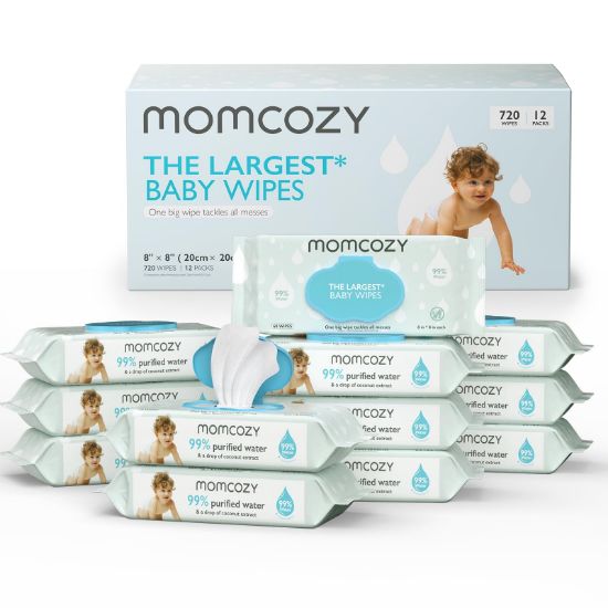 Picture of Momcozy Water Baby Wipes-Extra Large Size Design, 99% Water Based Wipes, Unscented & Hypoallergenic, Cleansing & Moisturizing Baby Wipes for Sensitive Skin, 12 Flip-Top Packs (720 Wipes Total)