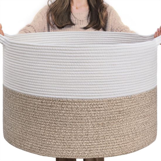 Picture of INDRESSME Large Laundry Basket, 21.7'' x 13.8'' Cotton Rope Blanket Basket Living Room Toy Baskets Storage Kids, Woven Baskets for Dirty Clothes, Pillows, Towel, 90L Light Brown