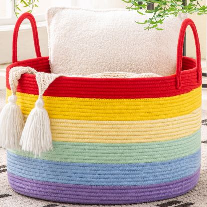 Picture of KAKAMAY Large Blanket Basket (20"x13"),Woven Baskets for storage Baby Laundry Hamper, Cotton Rope Blanket Basket for Living Room, Laundry, Nursery, Pillows, Baby Toy chest (Rainbow)