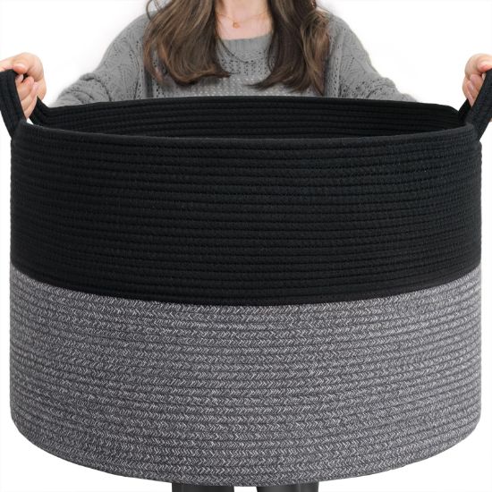 Picture of INDRESSME XXXLarge Cotton Rope Basket Woven Baby Laundry Baskets Blanket Baskets Toy Basket with Handle Comforter Cushions Storage Bin Thread Laundry Hamper - 21.7" x 21.7" x 13.8"