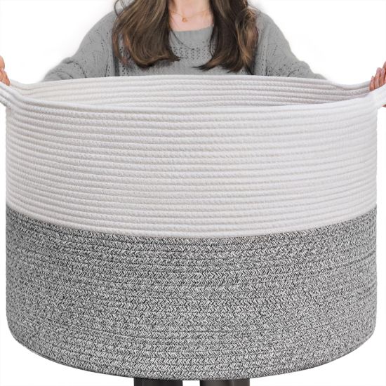 Picture of INDRESSME Large Storage Basket, 21.7'' x 13.8'' Cotton Rope Blanket Basket Living Room, Toy Organizers and Storage with Handles for Kids, Laundry Baskets for Clothes, Towel, 90L Grey