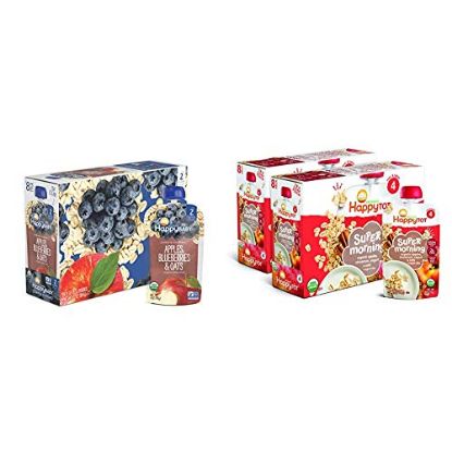 Picture of Happy Baby Organic Clearly Crafted Stage 2 Baby Food, 4 Ounce (8 Count) & Happy Tot Organic Stage 4 Super Morning Apple Cinnamon Yogurt Oats + Super Chia, 4 Ounce, Pack of 8 (Packaging May Vary)