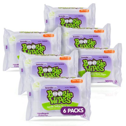 Picture of Saline Nose Wipes by Boogie, for Baby & Kids, Face, Hand & Body, FSA/HSA Eligible, Made with Vitamin E, Aloe, and Natural Saline, Lavender Scent, 30 Count (Pack of 6)