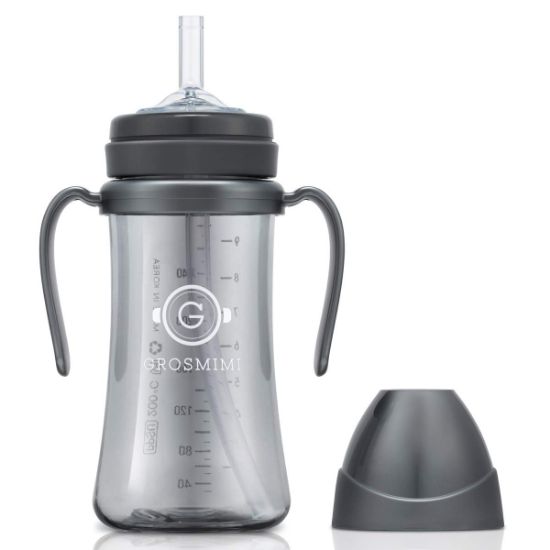 Picture of GROSMIMI Spill Proof no Spill Magic Sippy Cup with Straw with Handle for Baby and Toddlers, Customizable, PPSU, BPA Free 10 oz (Charcoal)