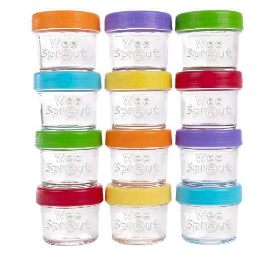 Picture of WeeSprout Glass Baby Food Storage Jars w/Lids (4 oz, 12 Pack Set) Snack, Puree, Reusable Small Containers, Breast Milk, Fridge or Freezer, Microwave & Dishwasher Safe, Essential Must Have for Infants