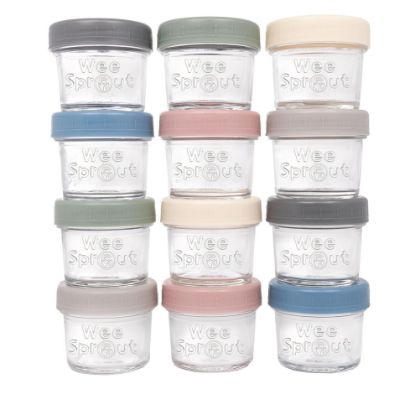 Picture of WeeSprout Glass Baby Food Storage Jars w/Lids (4 oz, 12 Pack Set) Snack, Puree, Reusable Small Containers, Breast Milk, Fridge or Freezer, Microwave & Dishwasher Safe, Essential Must Have for Infants