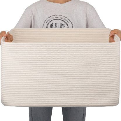 Picture of OIAHOMY Large Blanket Basket.Storage Basket with Handle, Blanket Basket for Living Room, Rectangle Woven Cotton Rope Basket, Toy Baskets Organizer Bins, 22" x 17" x 12" in, Cream White