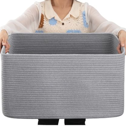 Picture of OIAHOMY 75L Large Blanket Basket, Woven Blanket Storage Basket with Handle, Cotton Rope Basket for Organizing 22”x17”x12”, Blanket Basket living Room, Toy Basket for Nursery, Grey