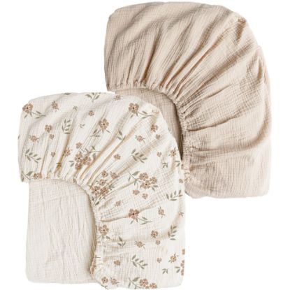Picture of Konssy Muslin Crib Sheets for Girl Boy, 2 PCS Soft and Breathable Cotton Baby Sheets for Standard Crib Mattress, 52"x 28" (Blossom, Cream)